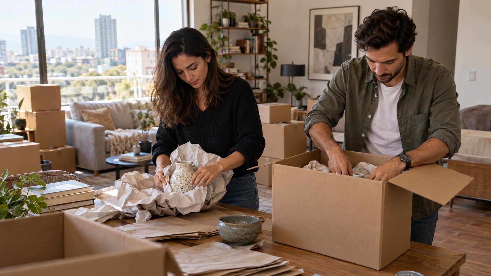 Pareja organizando cajas y materiales de empaque en casa
