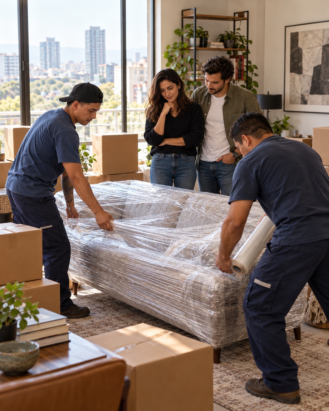 Pareja mexicana supervisando a profesionales durante el empaque de sus muebles